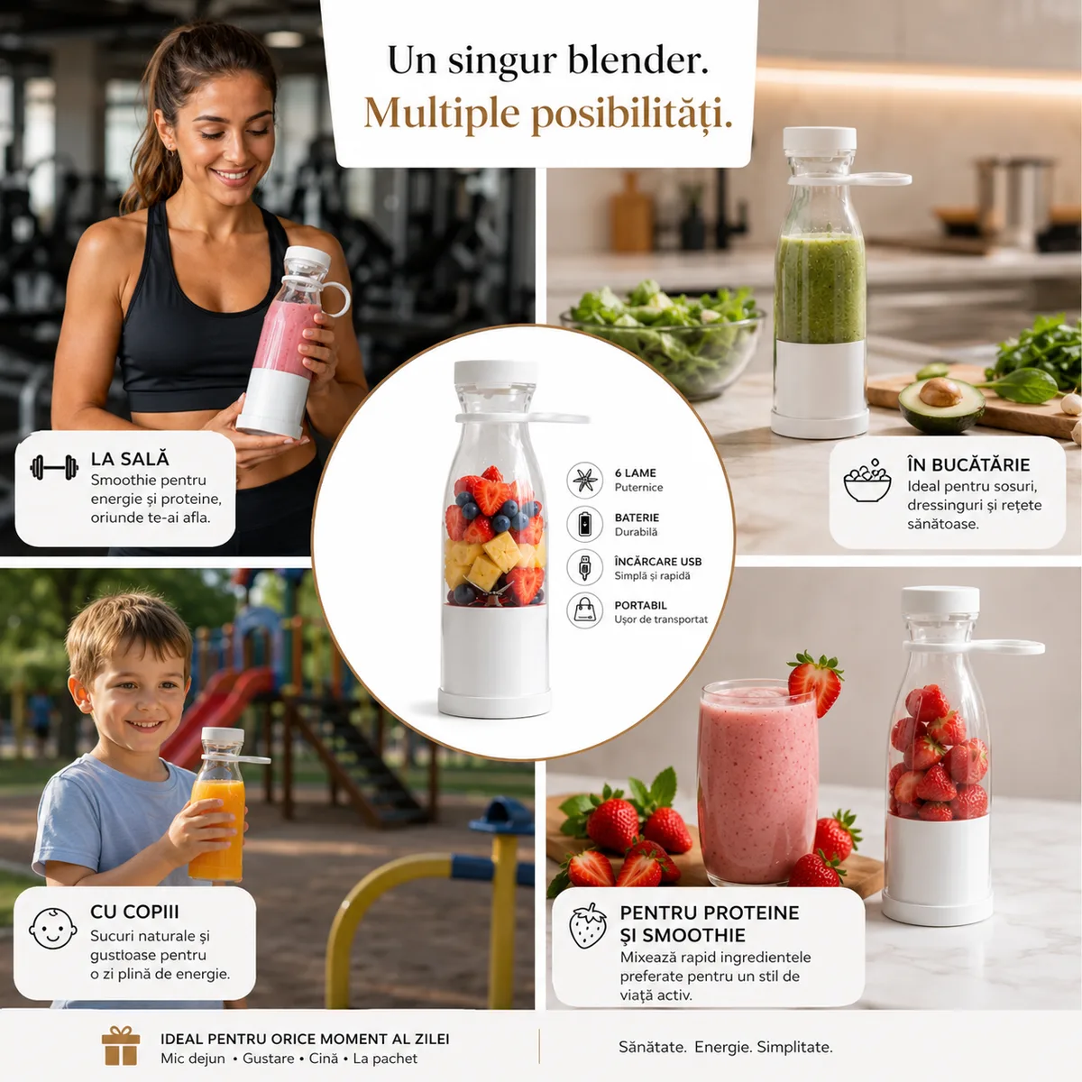 Blender Portabil Fresh Juice folosit la sală, în bucătărie, cu copiii și pentru smoothie-uri proteice